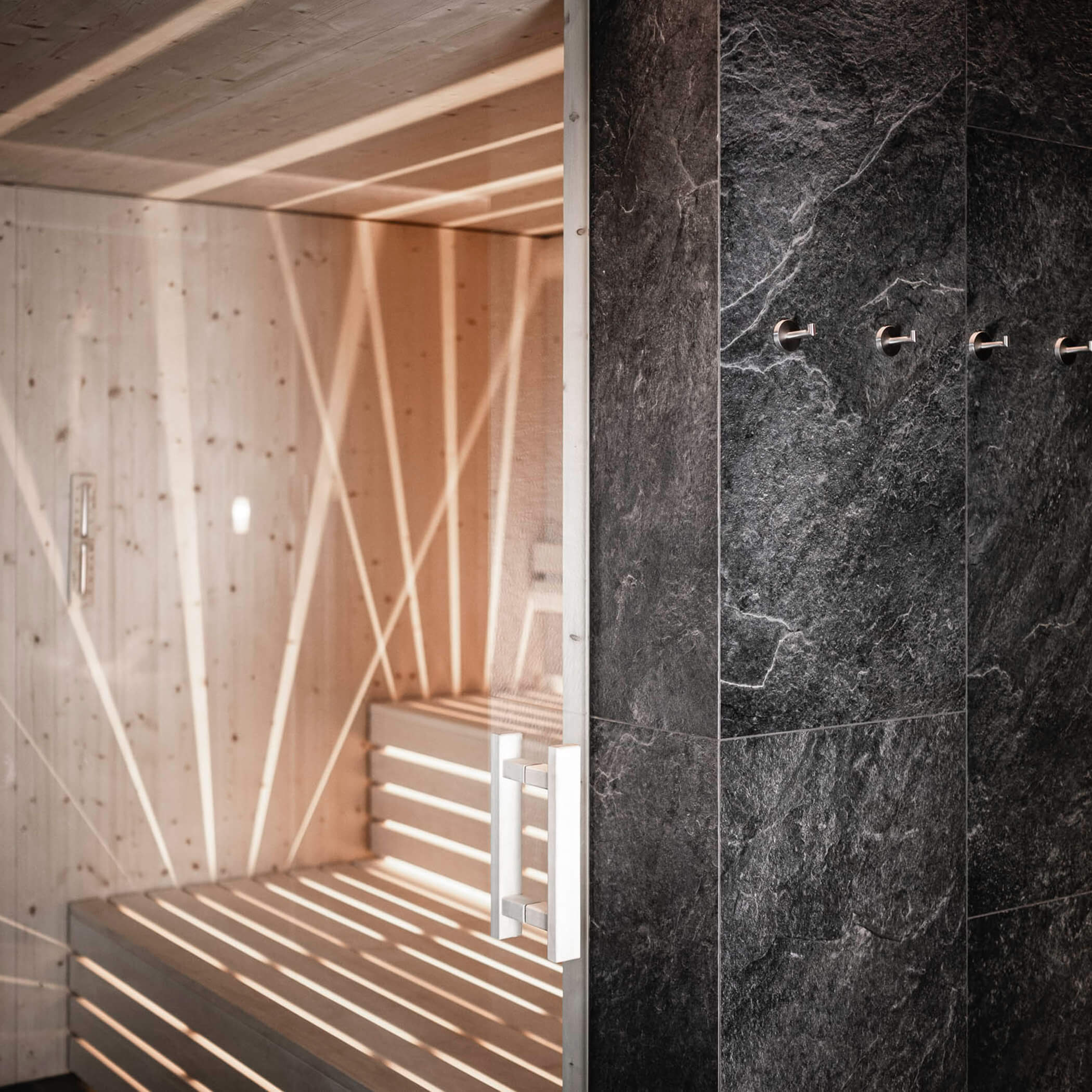 Blick durch Glastür in die Biosauna - OLM Nature Escape