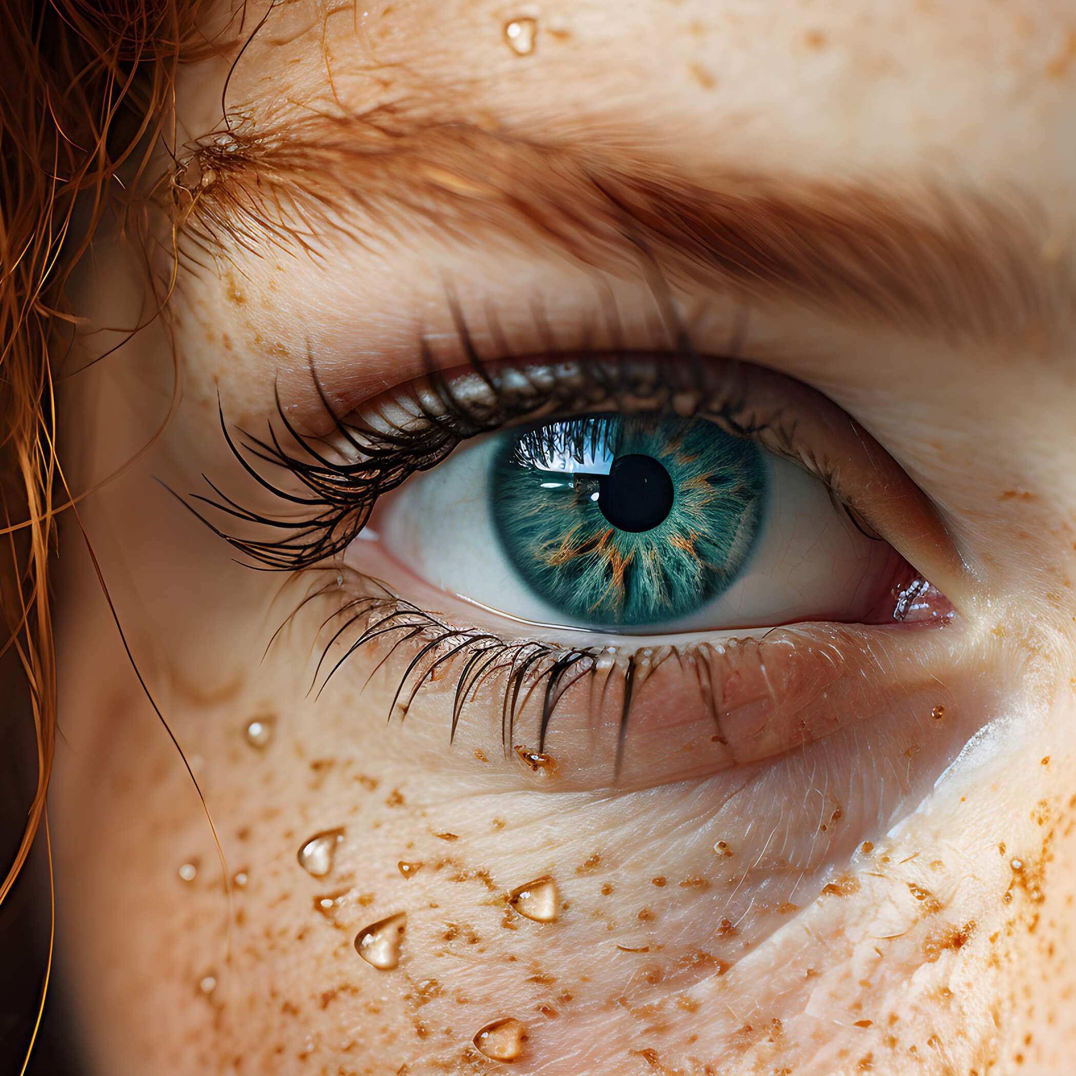 Blaues Auge und Sommersprossen einer jungen Frau - OLM Nature Escape